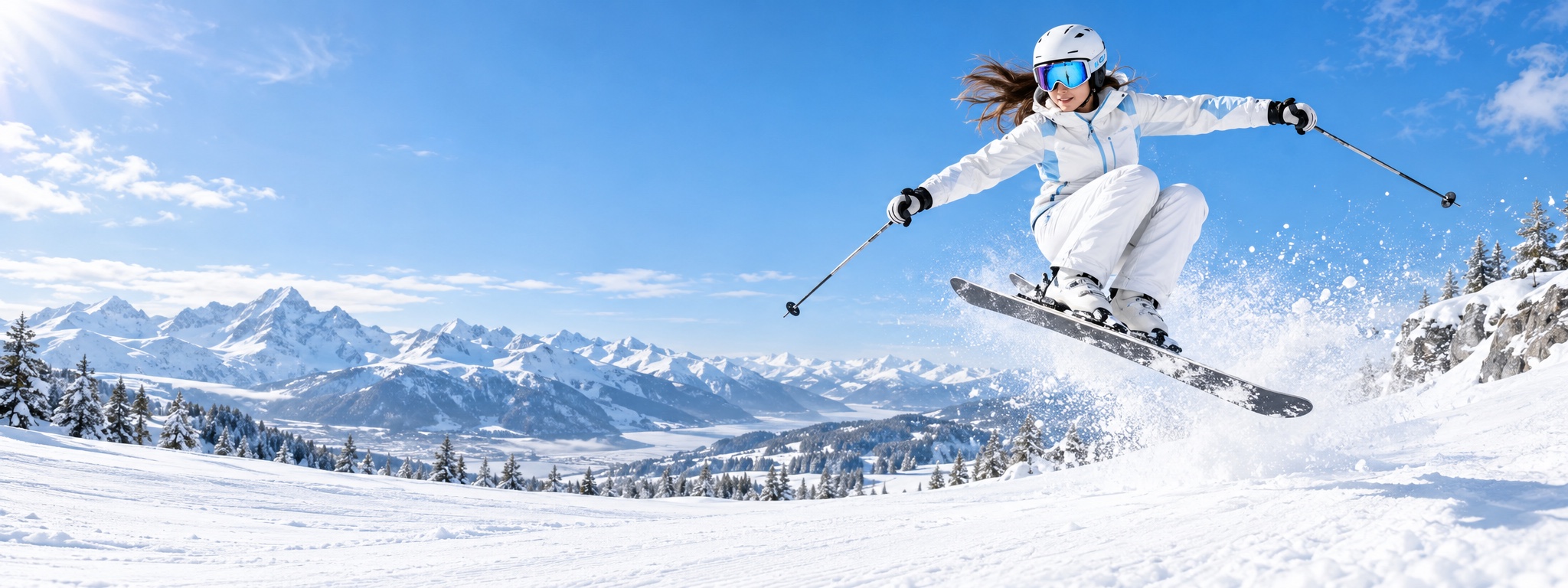 Skier in a white winter outfit above a bright, snow-covered mountain slope