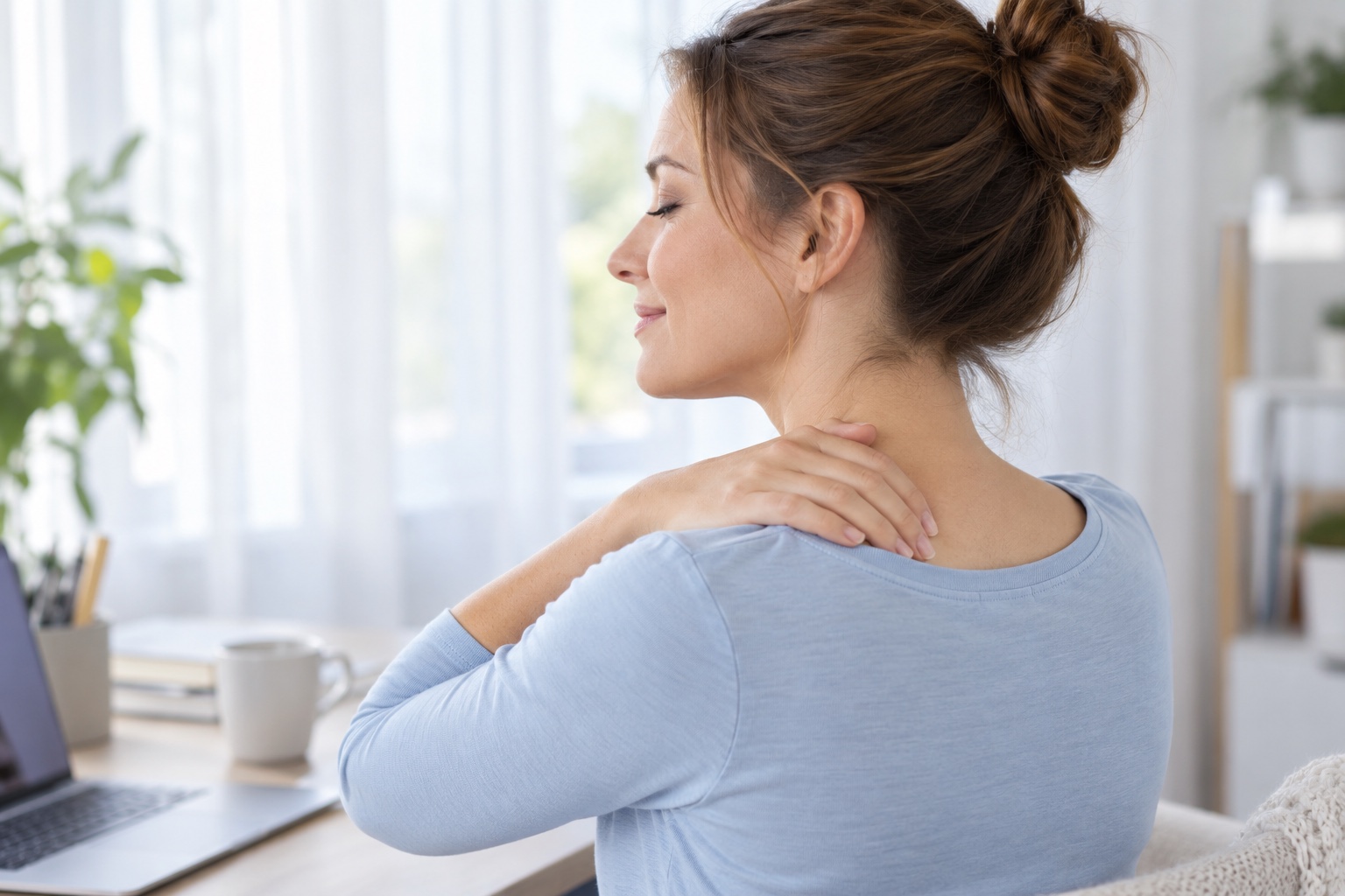 A woman resting her hand on her neck during a work break, with the neck and upper shoulder highlighted in warm orange