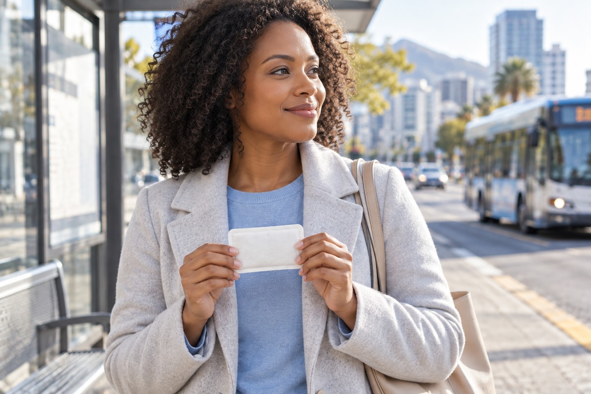 Woman at a city bus stop holding a white hand warmer clearly between her hands